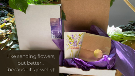 Beautiful gift wrapping that all Morning Moon pieces get sent off with. Handmade watercolour card included in every box. Like sending flowers but better, because it is Jewelry!