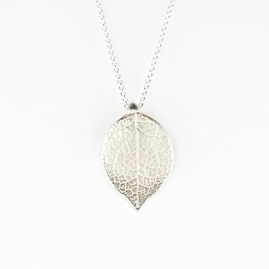 large salal leaf pendant in sterling silver on white background