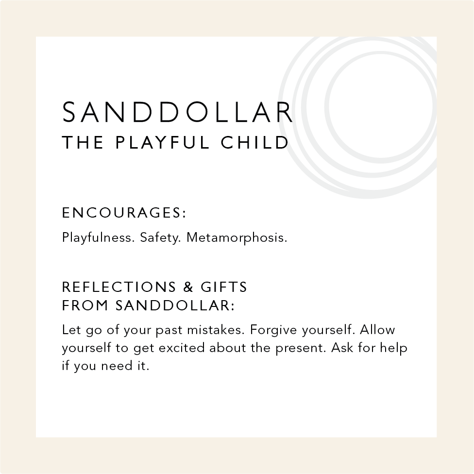 Sand dollar: the playful child. Encourages playfulness, safety, metamorphosis. Reflections & gifts from the sand dollar: let go of your past mistakes. forgive yourself. allow yourself to get excited about the present. ask for help if you need it