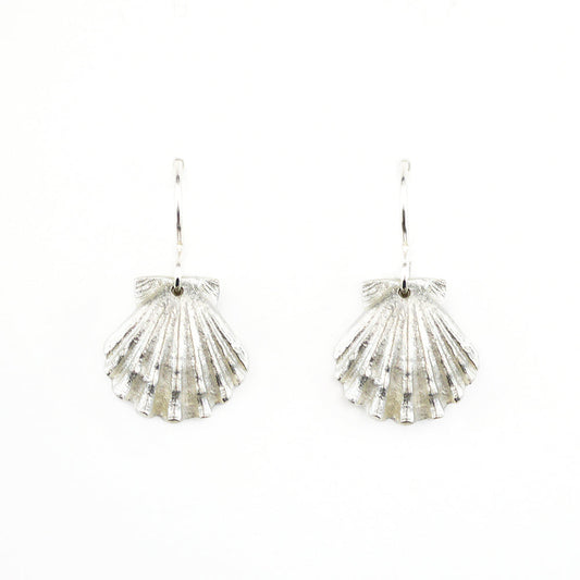 sterling silver scallop shell earrings on a white background