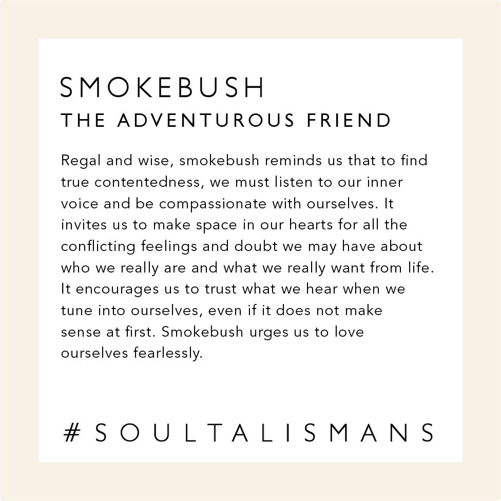 Smokebush: The Adventurous Friend. Regal and wise, smokebush reminds us that to find true contentedness, we must listen to our inner voice. It invites us to make space in our hearts for all the conflicting feelings we may have and encourages us to trust what we hear when we tune into ourselves, even if it does not make sense at first. Smokebush urges us to love ourselves fearlessly.