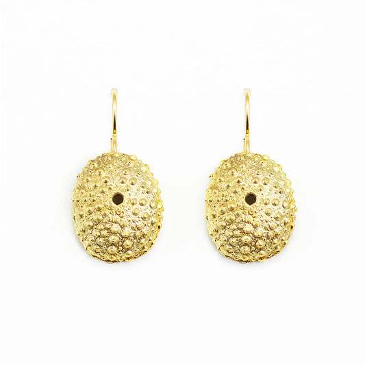pair of beautifully detailed golden bronze sea urchin shell earrings on white background