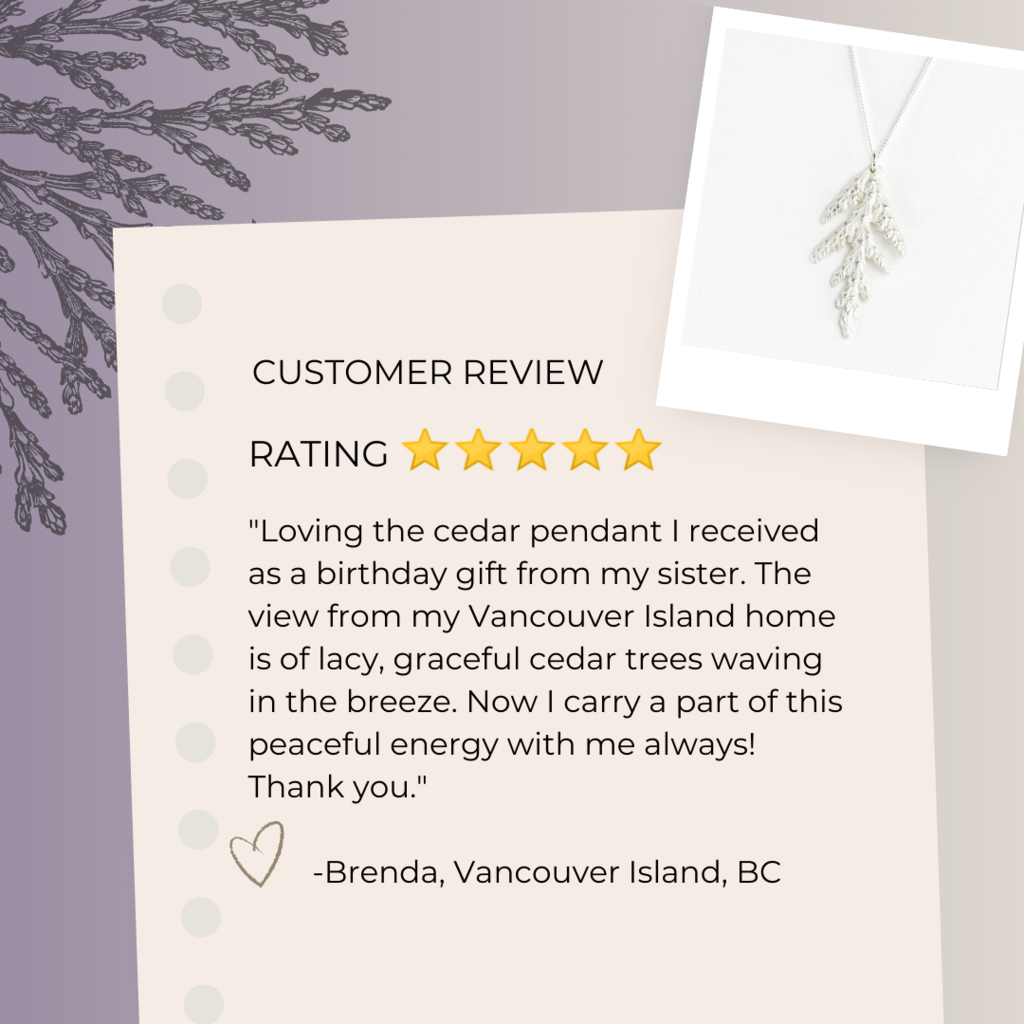 customer review, 5 star rating. "loving the cedar pendant I received as a birthday gift from my sister...."