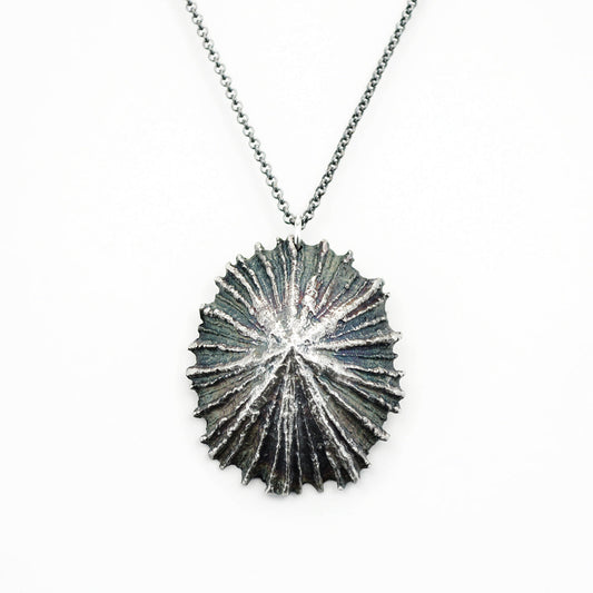 beautifully detailed limpet pendant necklace in oxidized silver on white background