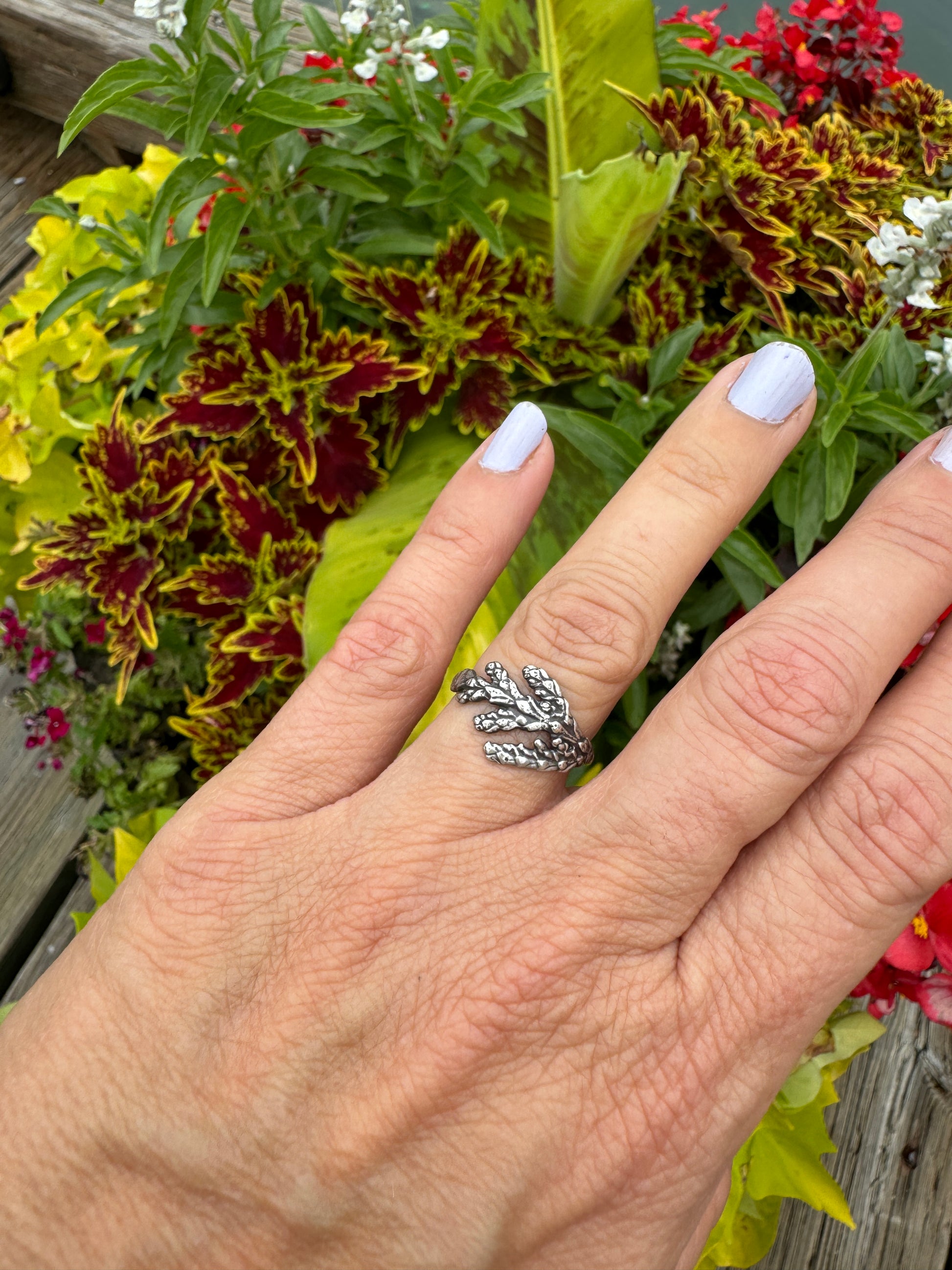 sterling silver cedar sprig ring. handmade. organic textured jewelry