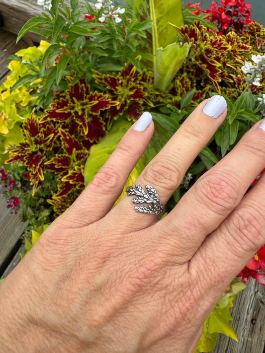 sterling silver cedar sprig ring. handmade. organic textured jewelry