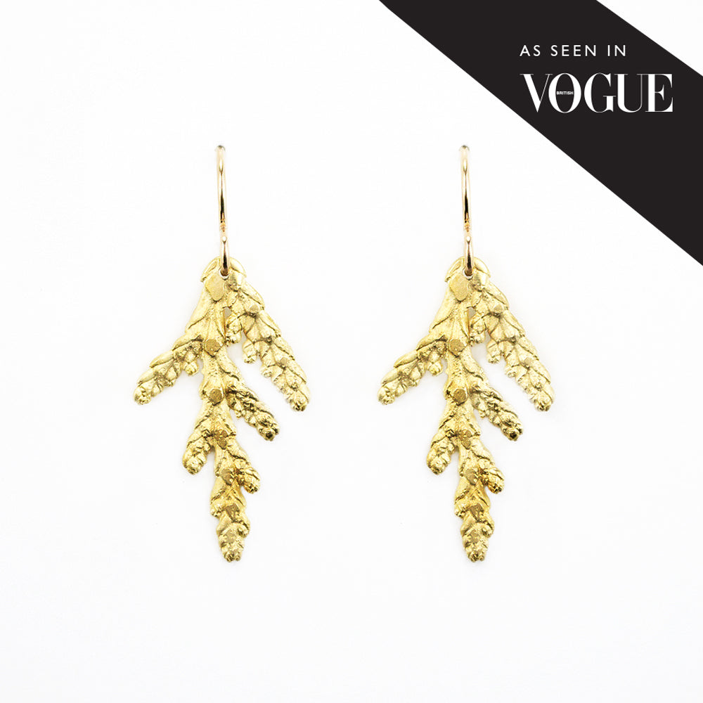 as seen in vogue. pair of golden cedar earrings on white background