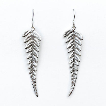 pair of silver fern earrings on white background