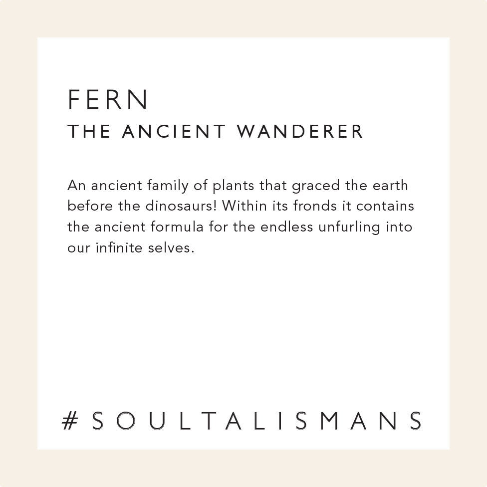 image describing the symbolism of fern jewelry. "An ancient family of plants graced the earth before the dinosaurs! Within its fronds it contains the ancient formula for the endless unfurling into our infinite selves"  