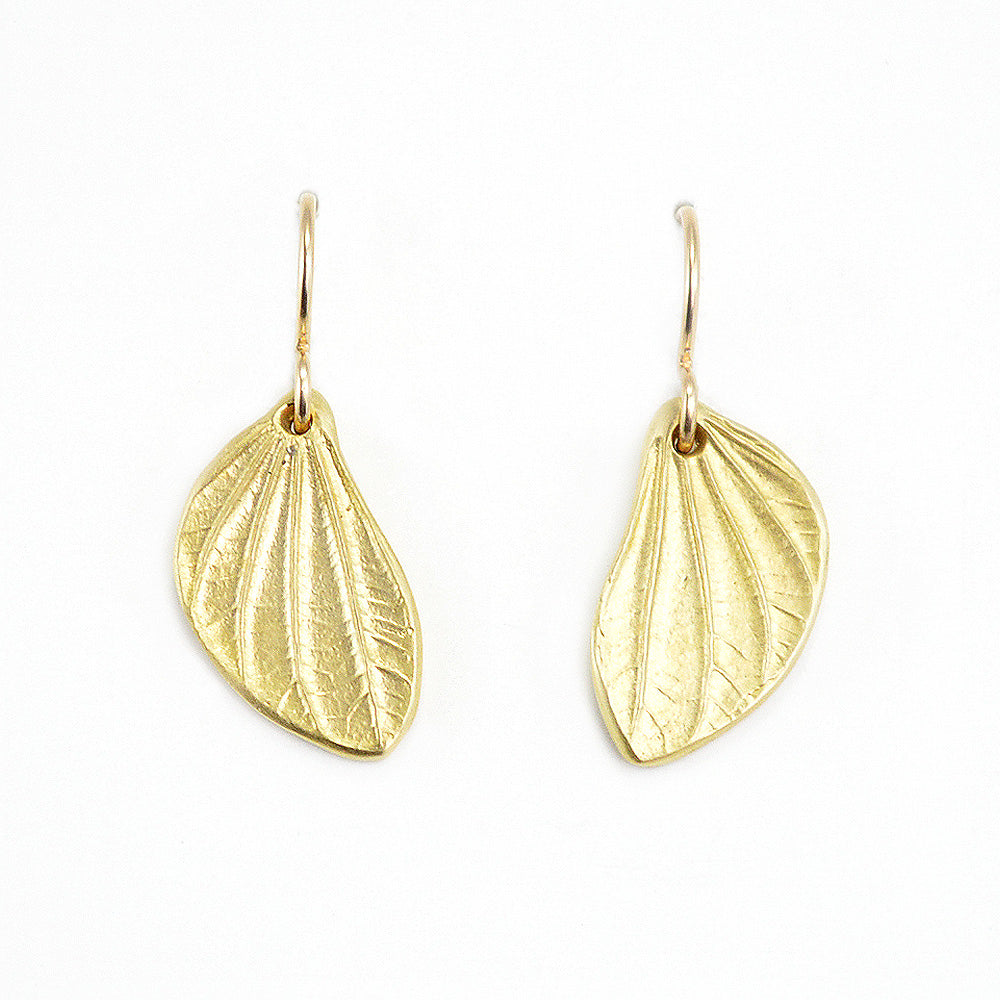 linden leaf pod earrings in golden bronze. on a white background