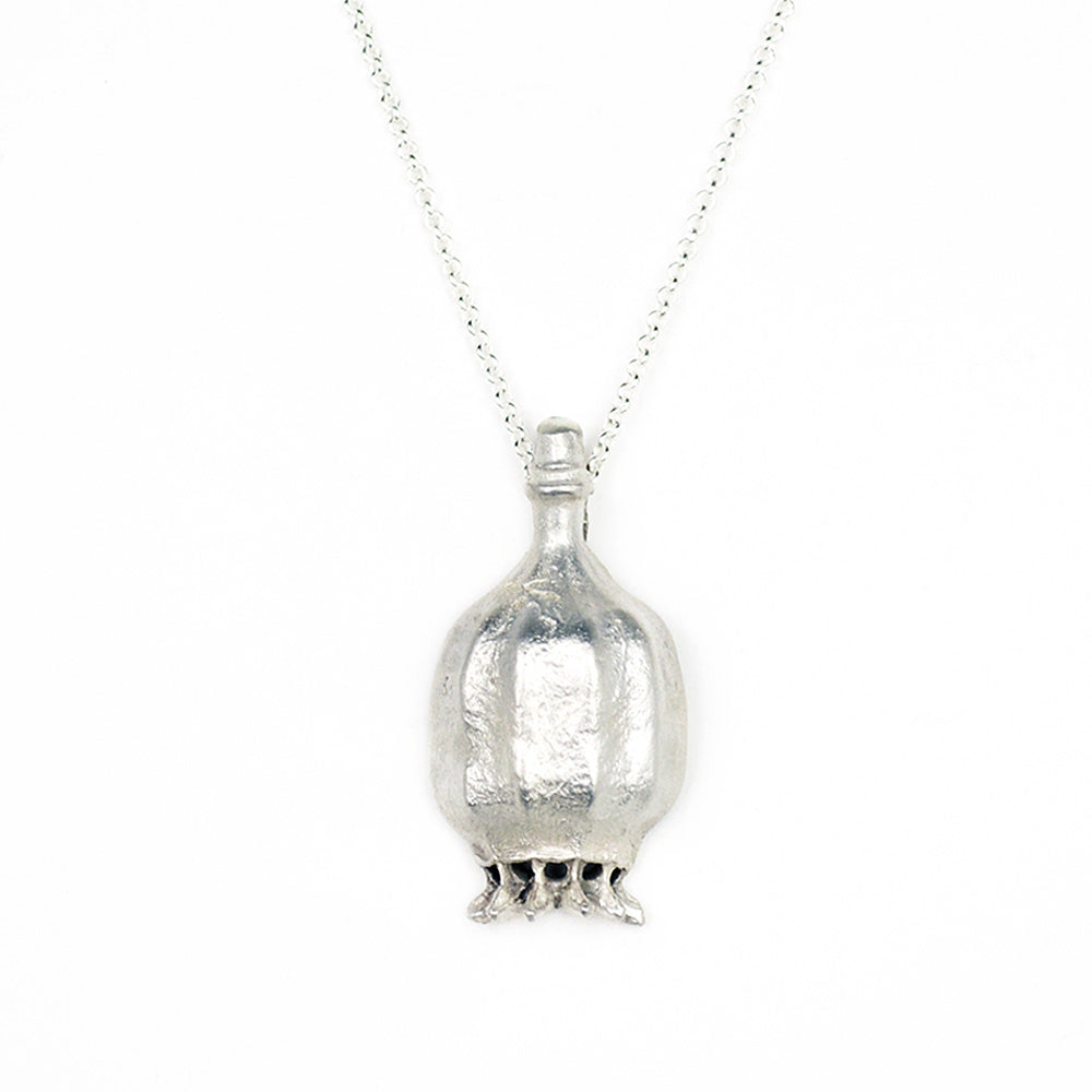 poppy seed pod necklace in sterling silver. On a white background