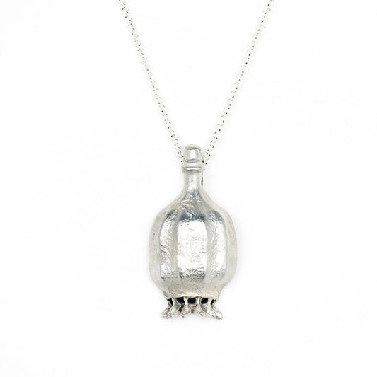 poppy seed pod necklace in sterling silver. On a white background