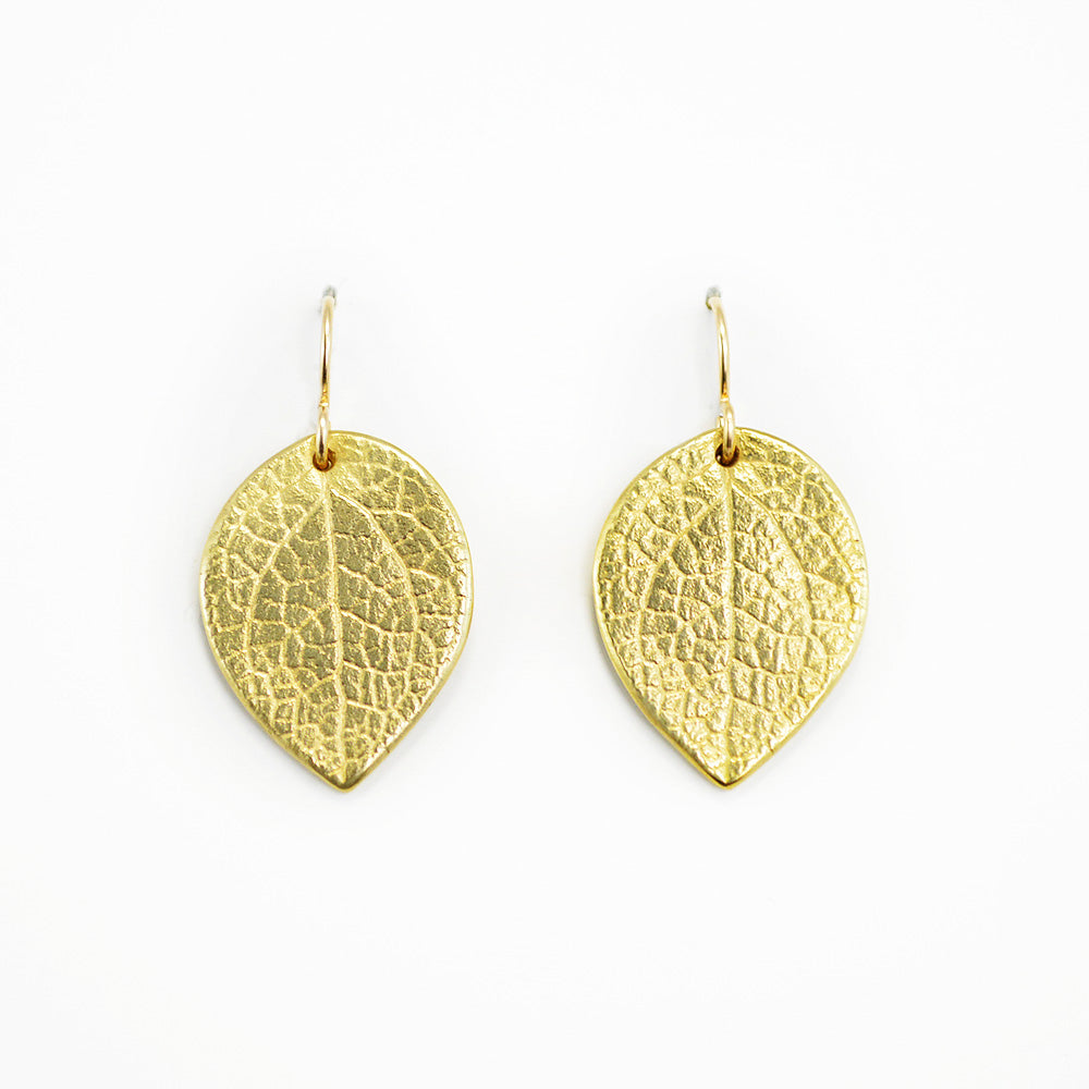 large salal leaf earrings in golden bronze. On white background