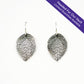 "Headed For Our Vault. Limited Quantities Available" oxidized silver salal leaf earrings on white background