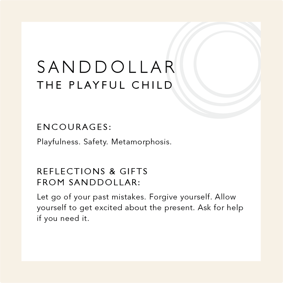 Sand dollar: the playful child. Encourages playfulness, safety, metamorphosis. Reflections & gifts from the sand dollar: let go of your past mistakes. forgive yourself. allow yourself to get excited about the present. ask for help if you need it 