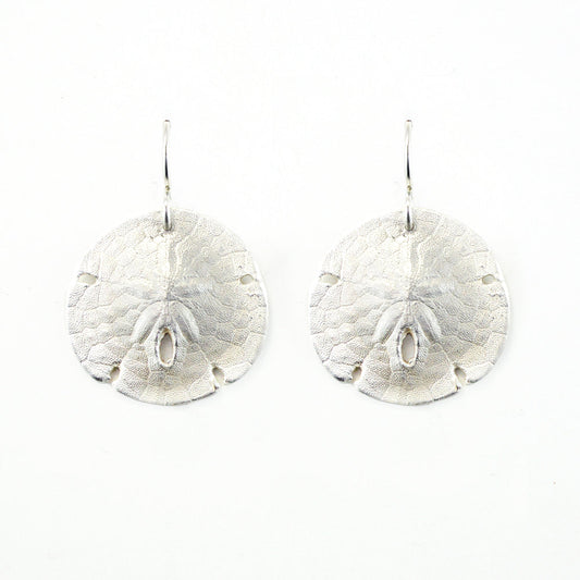 sterling silver sand dollar shell earrings on white background