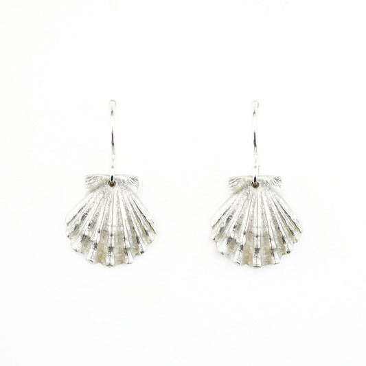 sterling silver scallop shell earrings on a white background