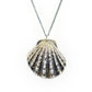 beautifully detailed scallop shell pendant in oxidized silver on white background