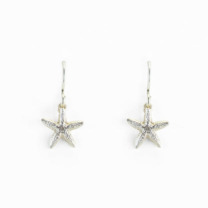 small sterling silver starfish earrings on a white background