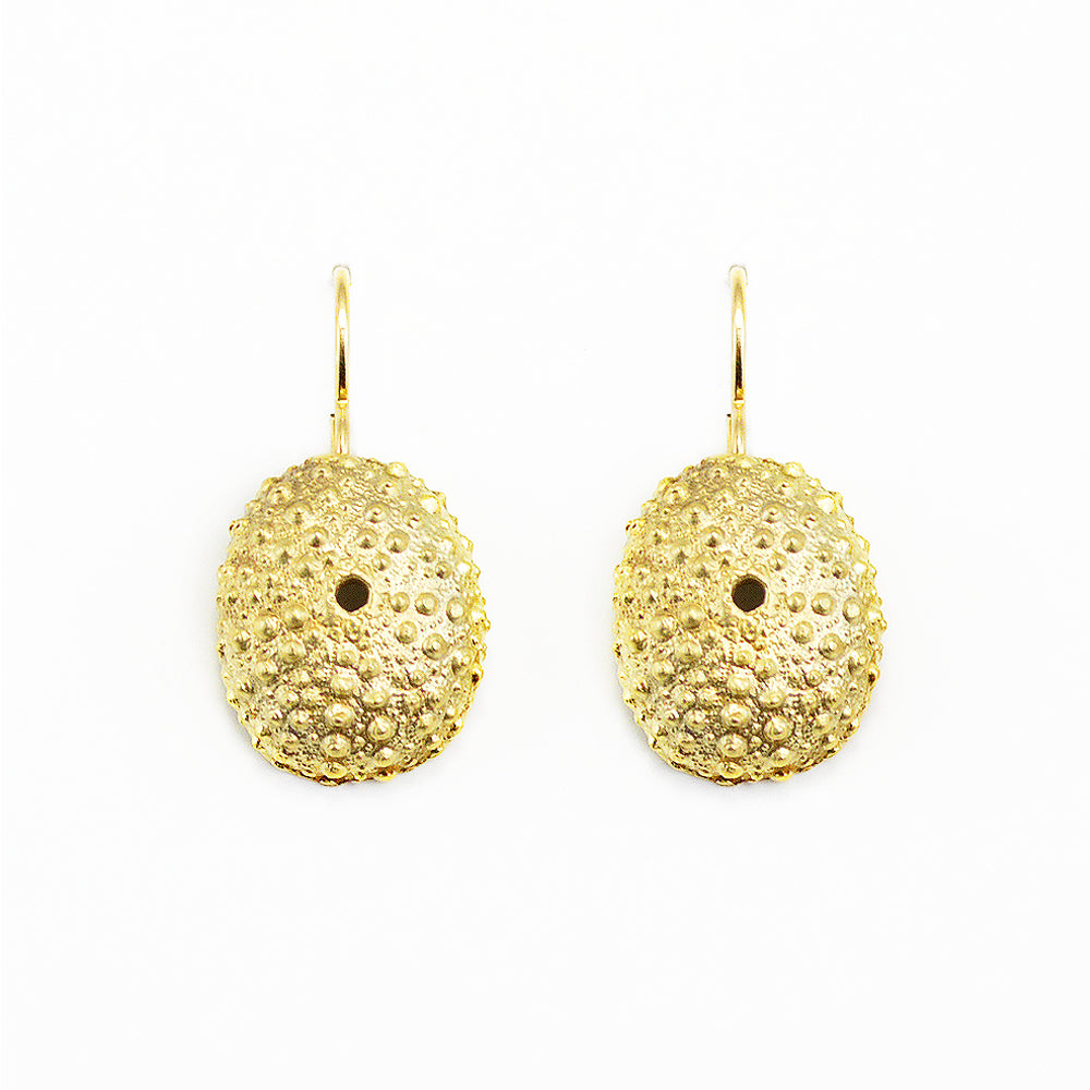 pair of beautifully detailed golden bronze sea urchin shell earrings on white background