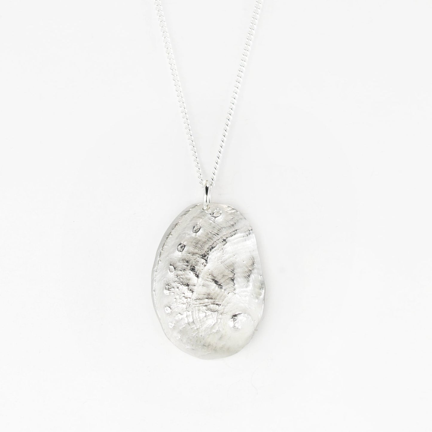 silver abalone shell necklace on a white background